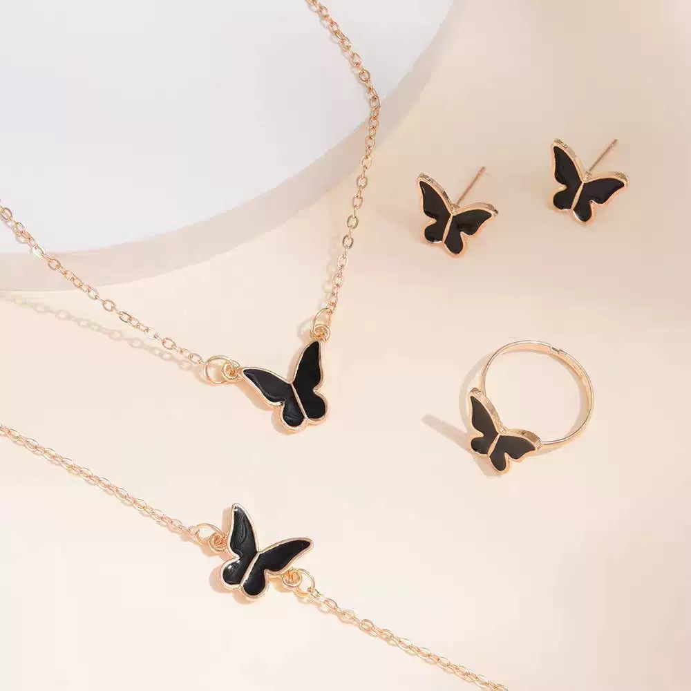 6 In 1 Women's Watch Jewelry Set Earrings Rings Necklace Bracelet Set  Ladies' Butterfly Jewelry Set Women's Wristwatch Leather Strap Quartz Watch Ladies' Butterfly Watch Set For Daily Wear Parties