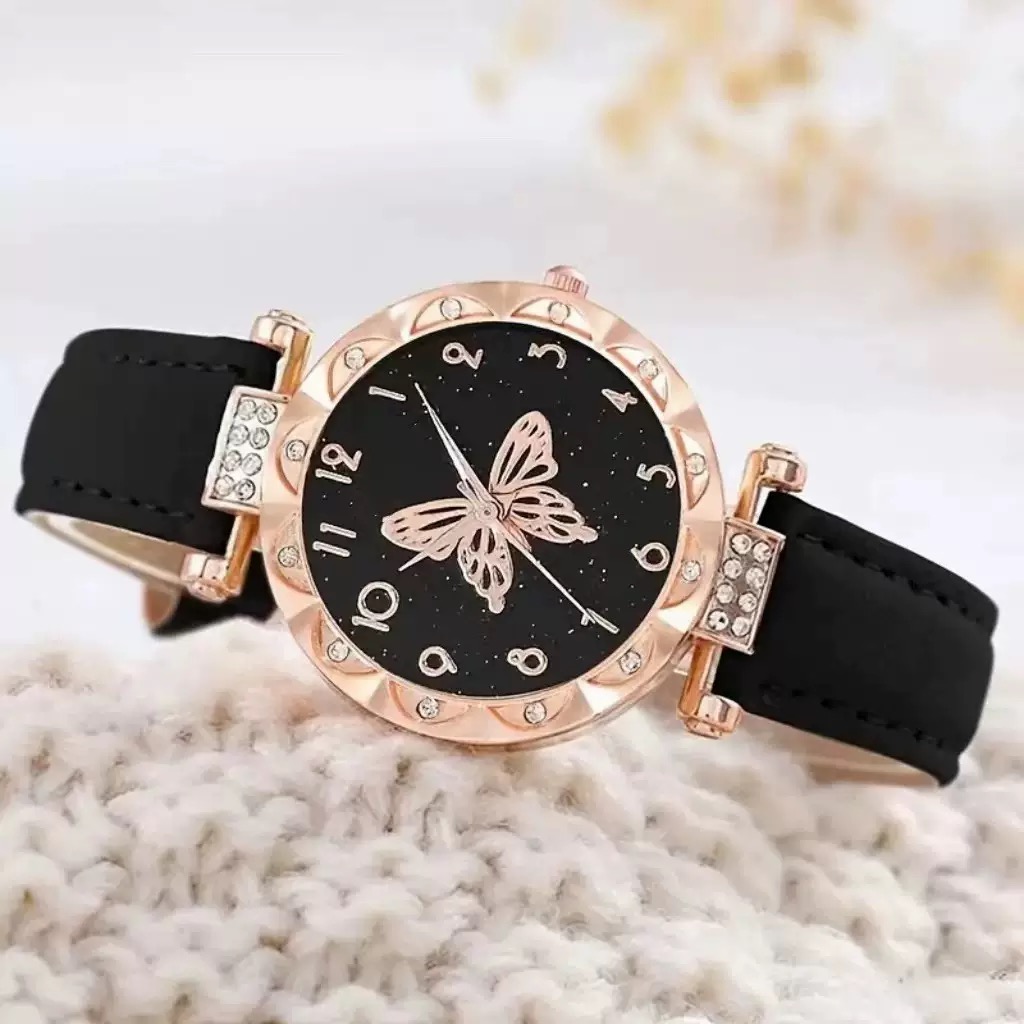 6 In 1 Women's Watch Jewelry Set Earrings Rings Necklace Bracelet Set  Ladies' Butterfly Jewelry Set Women's Wristwatch Leather Strap Quartz Watch Ladies' Butterfly Watch Set For Daily Wear Parties