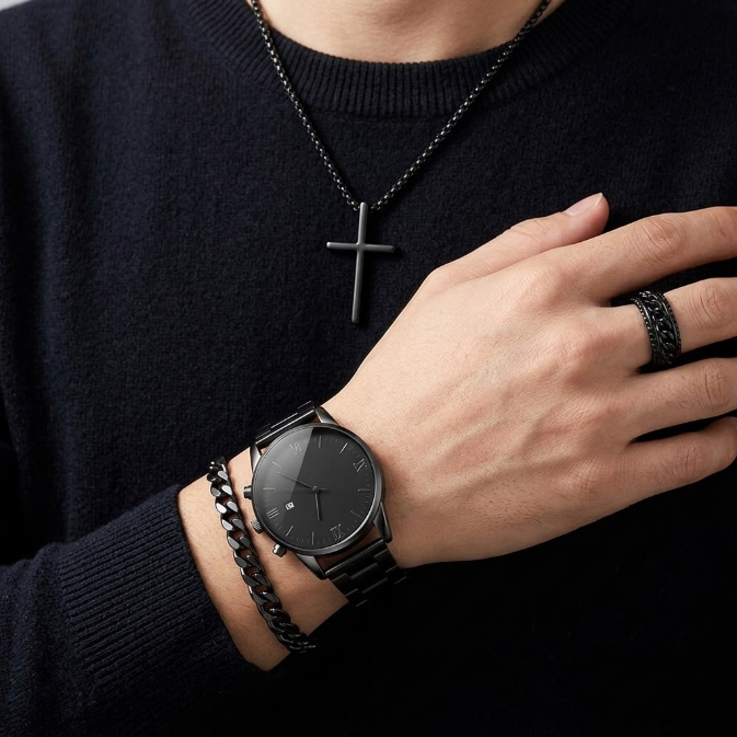 4 In 1 Men's Watch Set And Jewelry Set Black Men's Calendar Watch Rings Bracelet Necklace Black Cross Necklace Set Titanium Steel  Cuban  Not Easy to Fade Daily Wear Business Leisure Daily Wear