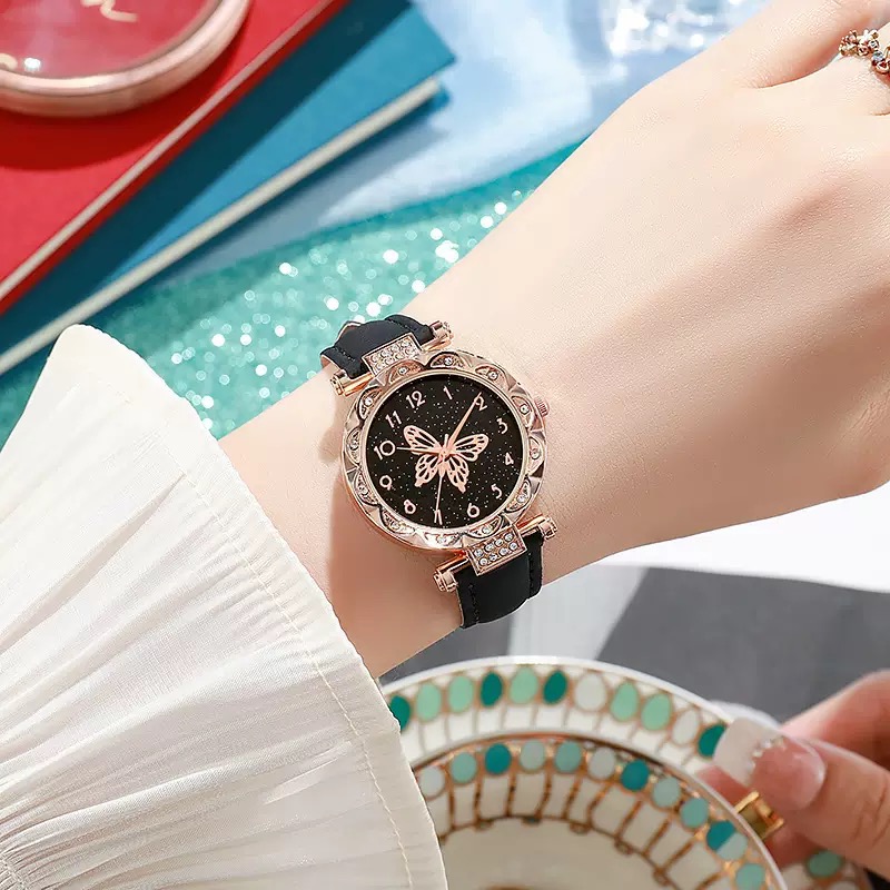 6 In 1 Women's Watch Jewelry Set Earrings Rings Necklace Bracelet Set  Ladies' Butterfly Jewelry Set Women's Wristwatch Leather Strap Quartz Watch Ladies' Butterfly Watch Set For Daily Wear Parties