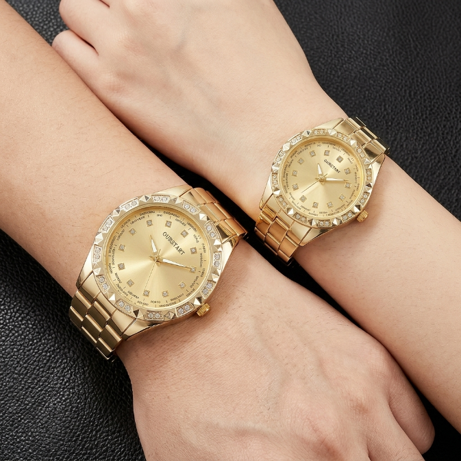 2PCS Lover Watches Business Stainless Steel Back Gold Watch  Classic Diamond Rhinestone Couple Gift Watch  Hip Hop Metal Color Bling Diamond And Steel Strip Women Men Couple Watch