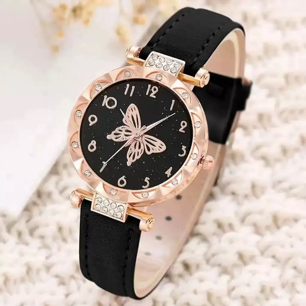 6 In 1 Women's Watch Jewelry Set Earrings Rings Necklace Bracelet Set  Ladies' Butterfly Jewelry Set Women's Wristwatch Leather Strap Quartz Watch Ladies' Butterfly Watch Set For Daily Wear Parties