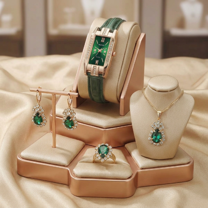 5 In 1 Women's Watch Jewelry Set  Emerald Green Watch Earrings Necklace Ring Jewelry Set Rectangle Quartz Wristwatch Leather Strap   Ladies'  Business Watch Gift Set For Daily Wear Parties