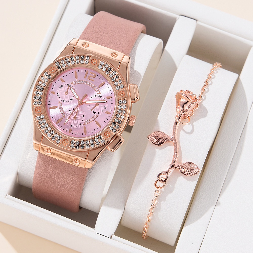2Pcs Set Watch Bracelet Watch Bohemian Style Fashion Women Rose Gold Pink Diamond Rose Flower Exaggerated Jewelry Set For Shopping And Mtching Everyday Wear Or Gifts