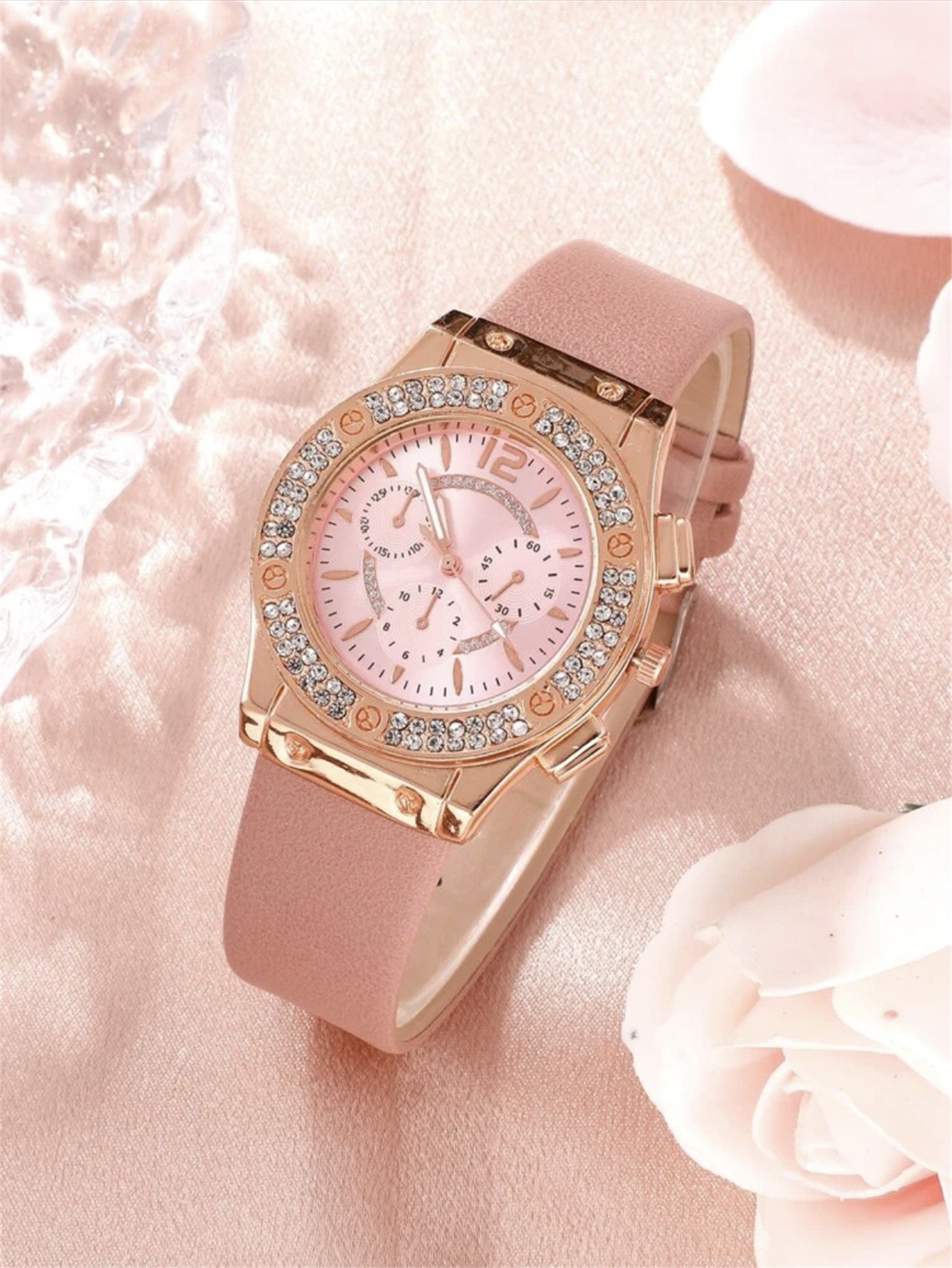2Pcs Set Watch Bracelet Watch Bohemian Style Fashion Women Rose Gold Pink Diamond Rose Flower Exaggerated Jewelry Set For Shopping And Mtching Everyday Wear Or Gifts