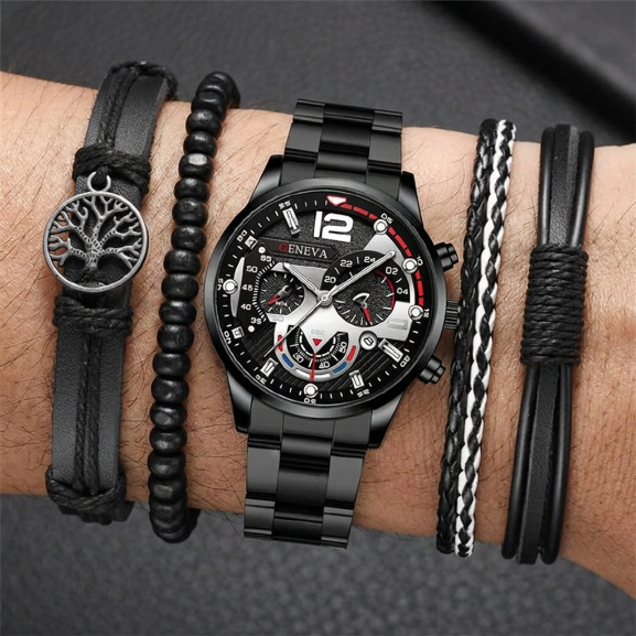 5 In 1 Men's Watch Bracelets Set Men's Geneva Calendar Business Quartz Steel Strip Watch AndWith Life Tree Leather Beaded Braided Bracelets Fashion Casual Accessories Gift Set For Men