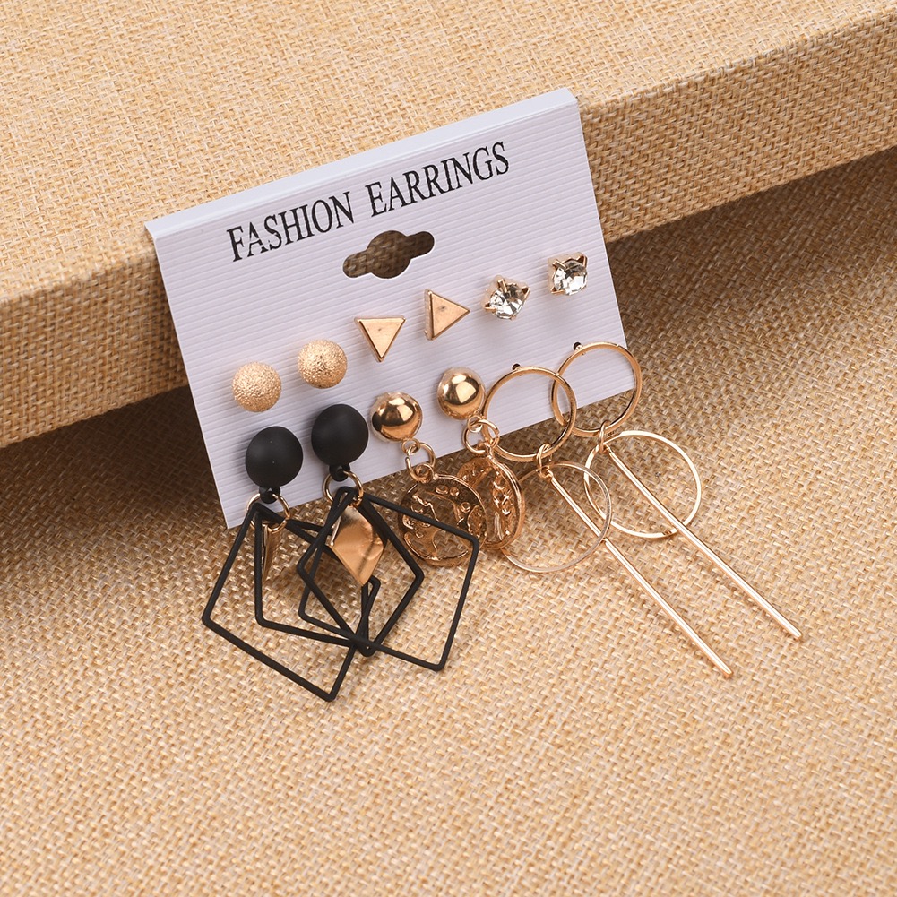 12 PCS Earrings Set Geometric Black Gold Diamond Globe Pendant Long Hoop Fashion Earrings For Daily Wear & Matching