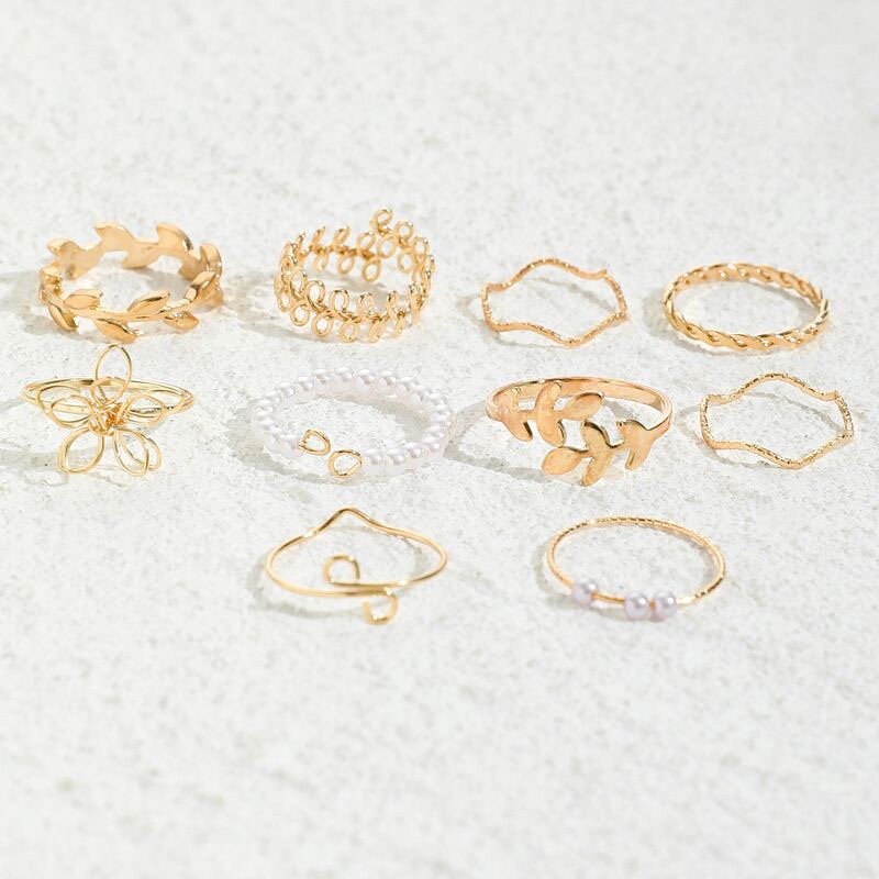 10Pcs Women's Ring Set Open Ring Pearl Ring Flower Ring High Quality Zircon Simple Lightweight Luxury Women's Open Ring