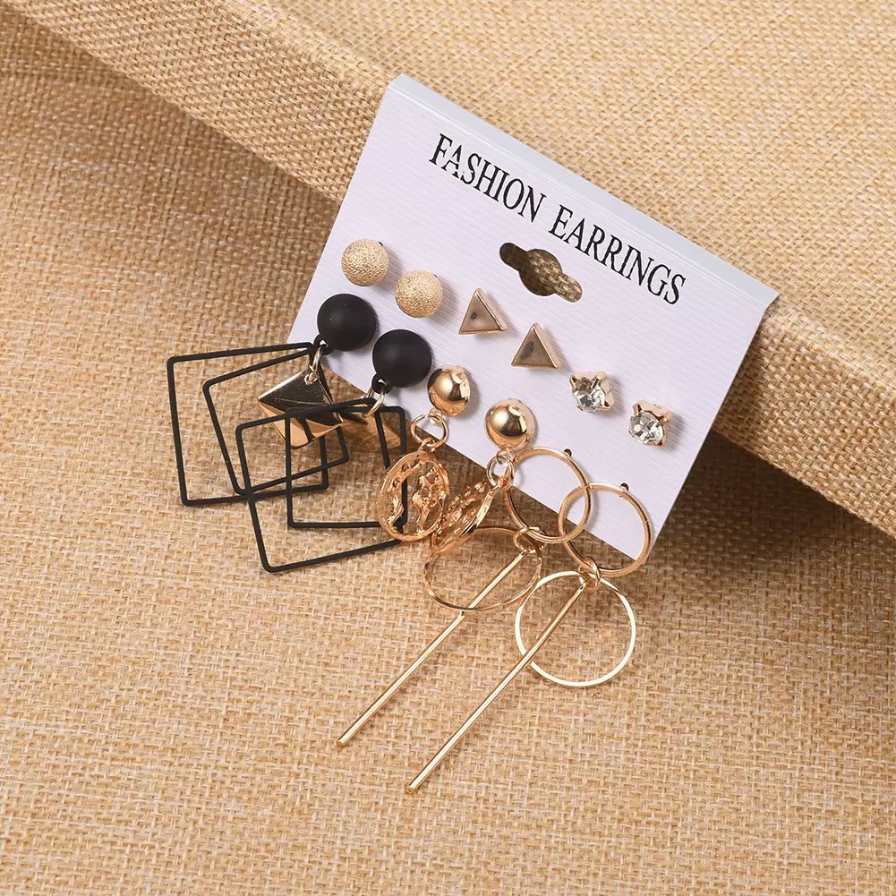 12 PCS Earrings Set Geometric Black Gold Diamond Globe Pendant Long Hoop Fashion Earrings For Daily Wear & Matching