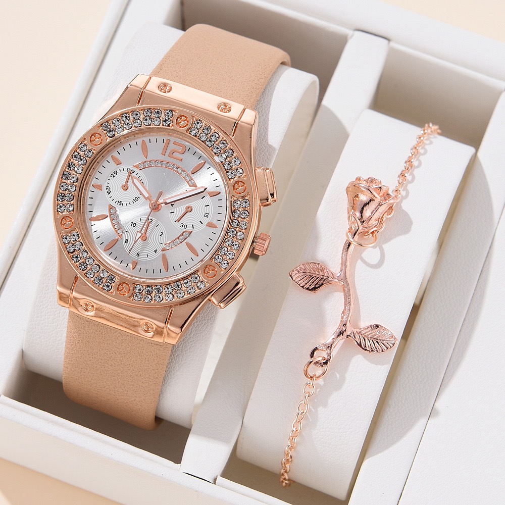 2Pcs Set Watch Bracelet Watch Bohemian Style Fashion Women Rose Gold Pink Diamond Rose Flower Exaggerated Jewelry Set For Shopping And Mtching Everyday Wear Or Gifts