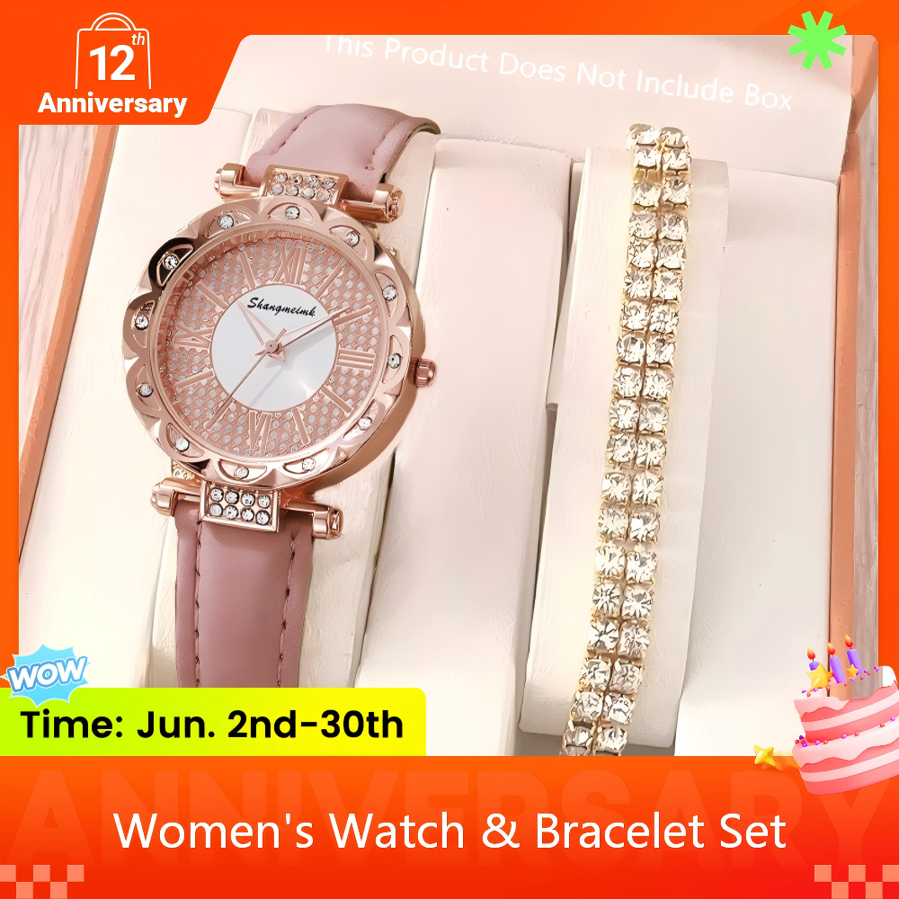 2 In 1 Women's Watch And Full Diamond Bracelet Set Sparkling Crystal Quartz Wristwatch With Pink Leather Strap And Matching Tennis Bracelet Fashion Elegant Ladies Accessories Gift Set