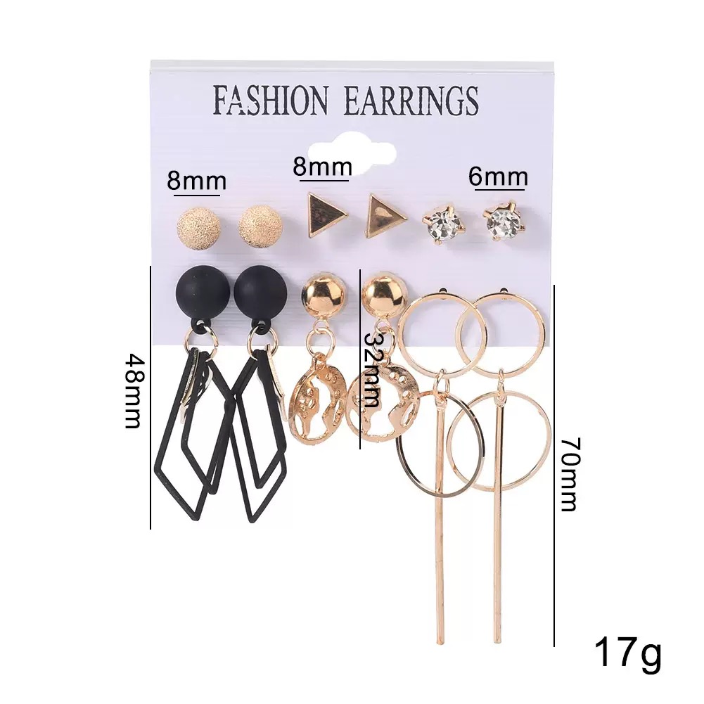 12 PCS Earrings Set Geometric Black Gold Diamond Globe Pendant Long Hoop Fashion Earrings For Daily Wear & Matching