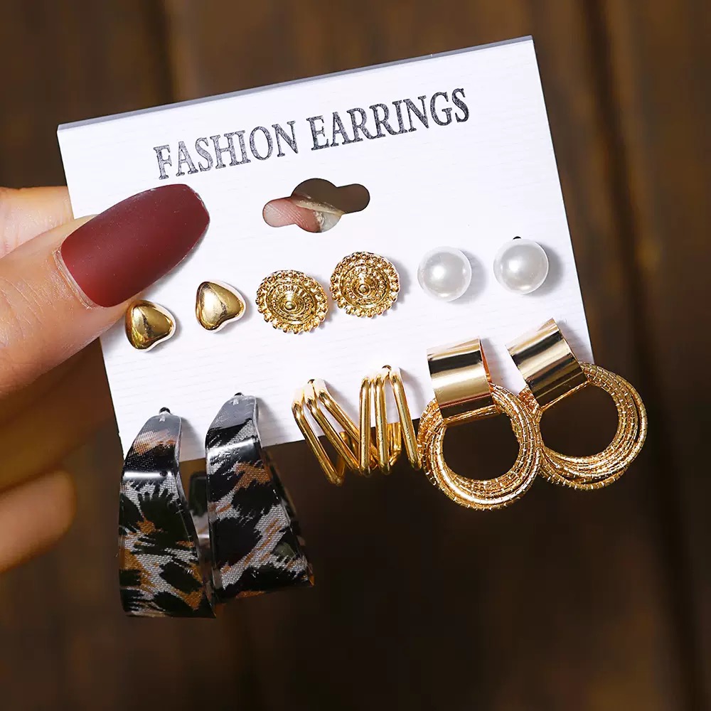 12Pcs Set Earrings Bohemian Style Women Leopard Print Fashion Wild Retro Geometric Circle Pearl Love Stud Gold Exaggerated Earrings Stud Earrings For Everyday Wear Or Gifts For Shopping And Mtching
