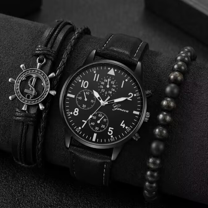 3 In 1 Men's Watch And Bracelet Set Sports Watch Men's Business Luxury Chronograph Style Black Leather Quartz Wristwatch With Anchor Rudder Charm Bracelet And Beaded Bracelet Fashion Gift Set For Men