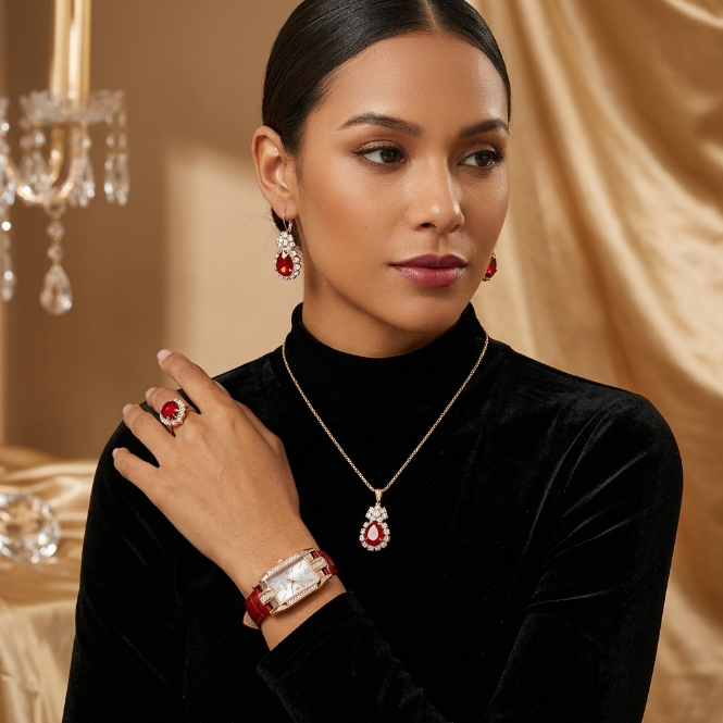 5 In 1 Women's Watch Jewelry Set  Emerald Green Watch Earrings Necklace Ring Jewelry Set Rectangle Quartz Wristwatch Leather Strap   Ladies'  Business Watch Gift Set For Daily Wear Parties
