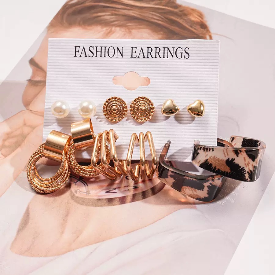 12Pcs Set Earrings Bohemian Style Women Leopard Print Fashion Wild Retro Geometric Circle Pearl Love Stud Gold Exaggerated Earrings Stud Earrings For Everyday Wear Or Gifts For Shopping And Mtching
