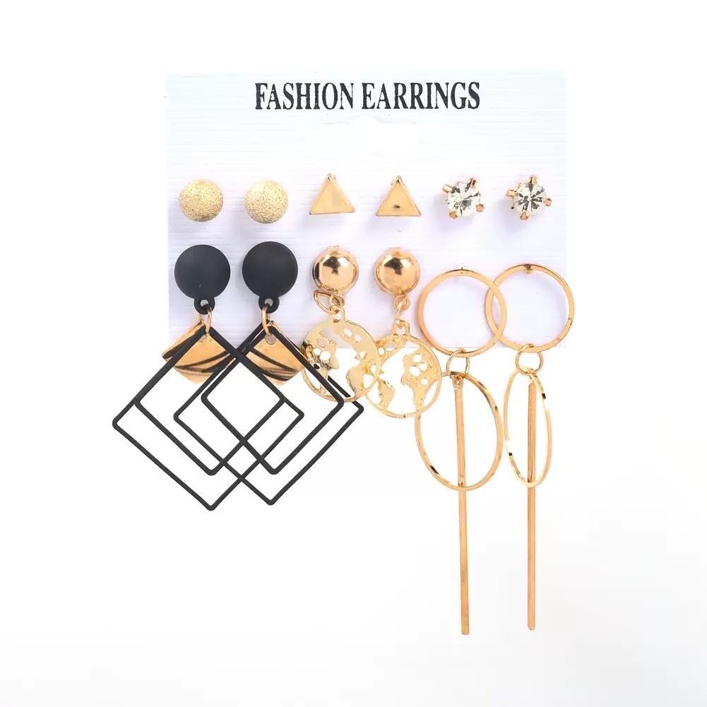 12 PCS Earrings Set Geometric Black Gold Diamond Globe Pendant Long Hoop Fashion Earrings For Daily Wear & Matching