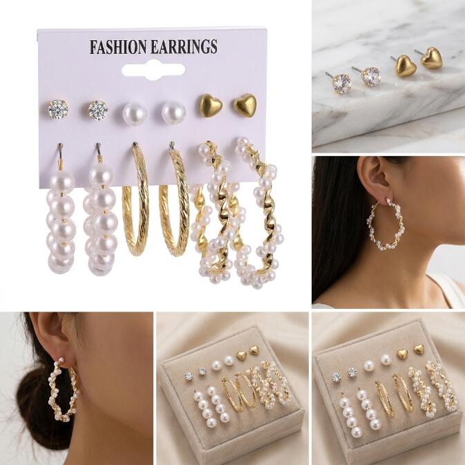 12PCS Earrings Women's Oversized Earrings Pearl Diamond Love Stud Earrings 6 Sets Gold Exaggerated Earrings Stud Earrings For Shopping And Mtching Everyday Wear Or Gifts