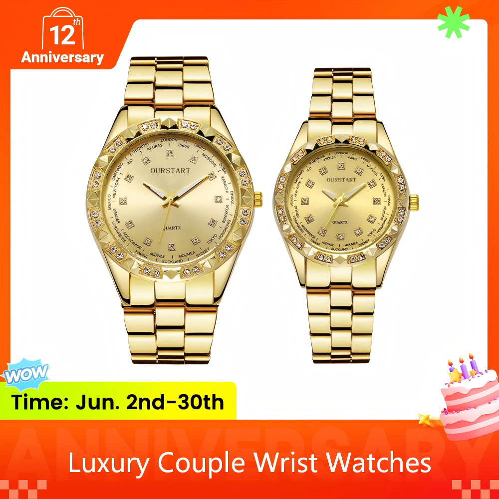 2PCS Lover Watches Business Stainless Steel Back Gold Watch  Classic Diamond Rhinestone Couple Gift Watch  Hip Hop Metal Color Bling Diamond And Steel Strip Women Men Couple Watch