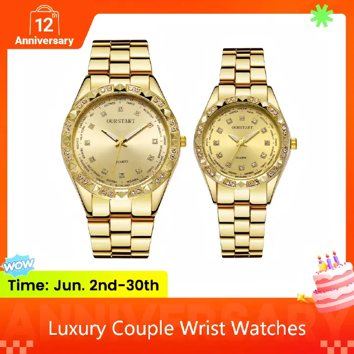 2PCS Lover Watches Business Stainless Steel Back Gold Watch  Classic Diamond Rhinestone Couple Gift Watch  Hip Hop Metal Color Bling Diamond And Steel Strip Women Men Couple Watch