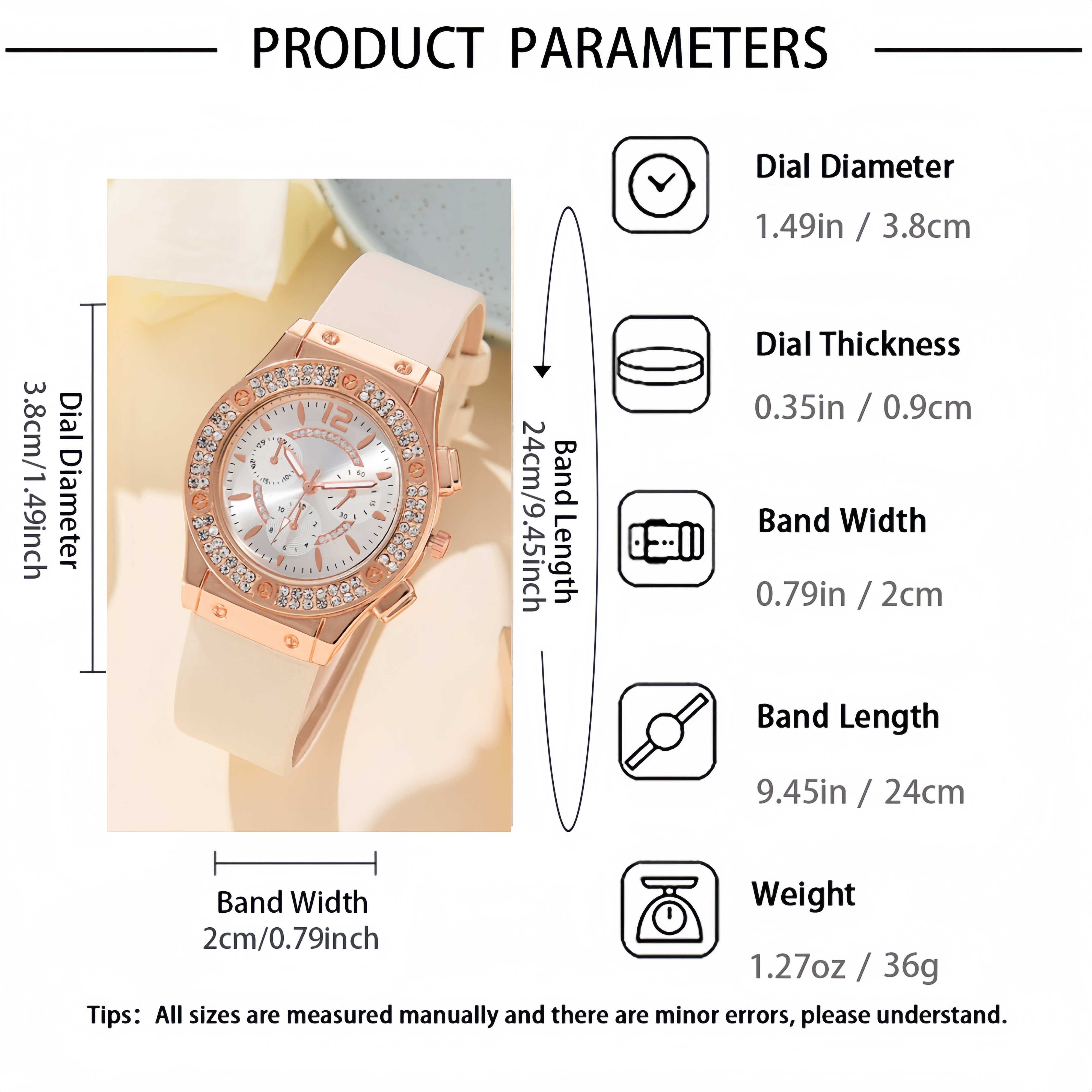 2Pcs Set Watch Bracelet Watch Bohemian Style Fashion Women Rose Gold Pink Diamond Rose Flower Exaggerated Jewelry Set For Shopping And Mtching Everyday Wear Or Gifts