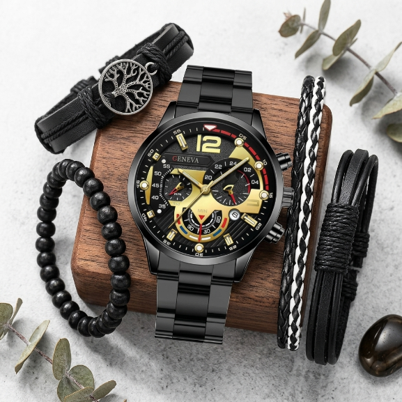 5 In 1 Men's Watch Bracelets Set Men's Geneva Calendar Business Quartz Steel Strip Watch AndWith Life Tree Leather Beaded Braided Bracelets Fashion Casual Accessories Gift Set For Men