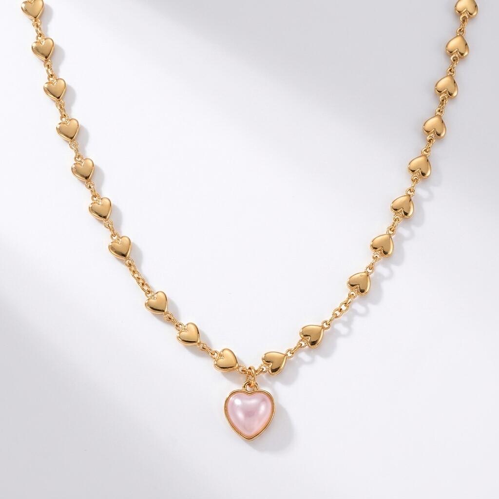 UPHUI Lady's Necklace 18K Gold Plated Heart Chain Choker With Delicate White Mother Of Pearl Heart Pendant Skin Friendly Hypoallergenic Lightweight Elegant Fashion Accessories Suitable For Daily Wear