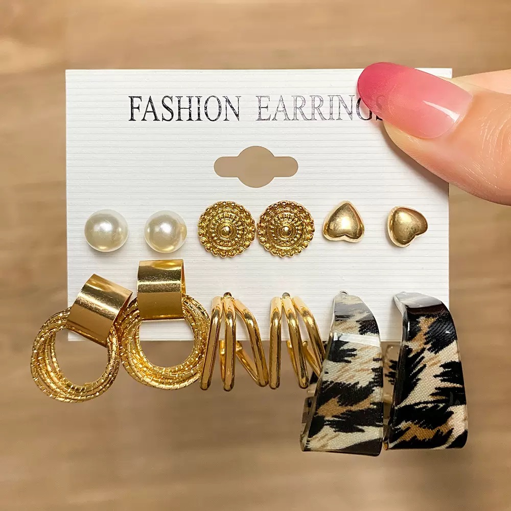 12Pcs Set Earrings Bohemian Style Women Leopard Print Fashion Wild Retro Geometric Circle Pearl Love Stud Gold Exaggerated Earrings Stud Earrings For Everyday Wear Or Gifts For Shopping And Mtching