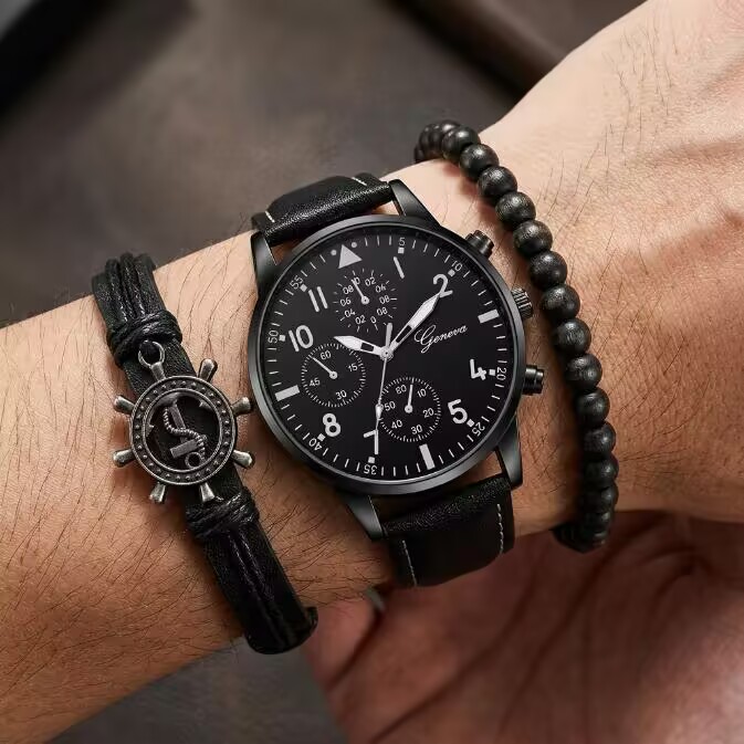 3 In 1 Men's Watch And Bracelet Set Sports Watch Men's Business Luxury Chronograph Style Black Leather Quartz Wristwatch With Anchor Rudder Charm Bracelet And Beaded Bracelet Fashion Gift Set For Men