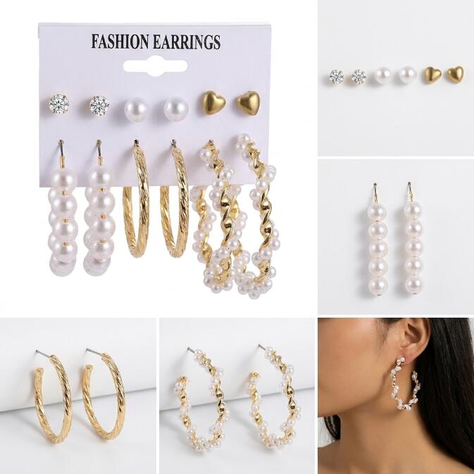 12PCS Earrings Women's Oversized Earrings Pearl Diamond Love Stud Earrings 6 Sets Gold Exaggerated Earrings Stud Earrings For Shopping And Mtching Everyday Wear Or Gifts