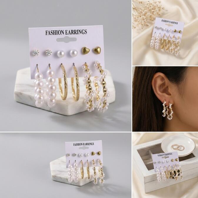 12PCS Earrings Women's Oversized Earrings Pearl Diamond Love Stud Earrings 6 Sets Gold Exaggerated Earrings Stud Earrings For Shopping And Mtching Everyday Wear Or Gifts