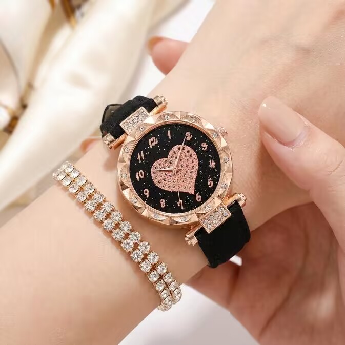 2 In 1 Women's Watch And Full Diamond Bracelet Set Sparkling Crystal Quartz Wristwatch With Pink Leather Strap And Matching Tennis Bracelet Fashion Elegant Ladies Accessories Gift Set