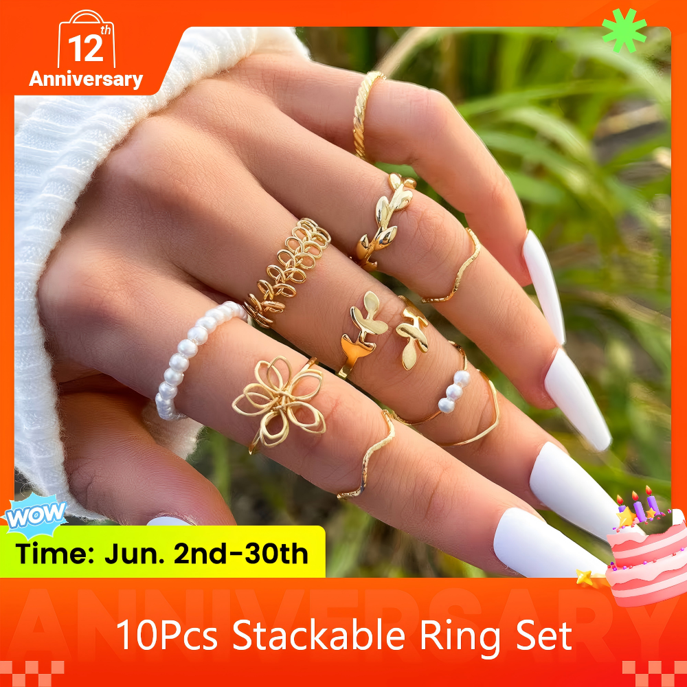 10Pcs Women's Ring Set Open Ring Pearl Ring Flower Ring High Quality Zircon Simple Lightweight Luxury Women's Open Ring
