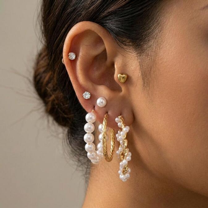 12PCS Earrings Women's Oversized Earrings Pearl Diamond Love Stud Earrings 6 Sets Gold Exaggerated Earrings Stud Earrings For Shopping And Mtching Everyday Wear Or Gifts