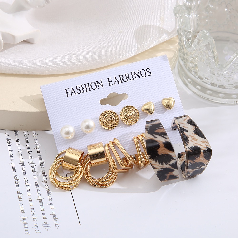 12Pcs Set Earrings Bohemian Style Women Leopard Print Fashion Wild Retro Geometric Circle Pearl Love Stud Gold Exaggerated Earrings Stud Earrings For Everyday Wear Or Gifts For Shopping And Mtching