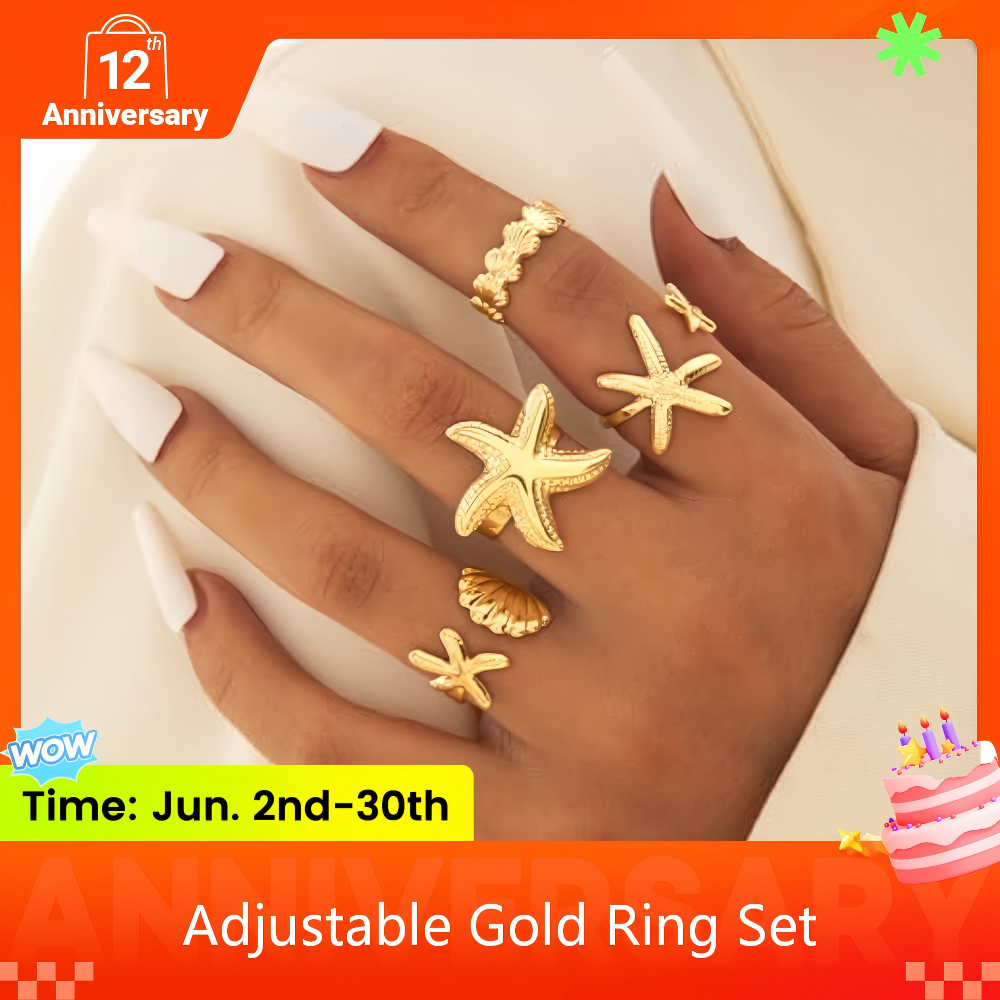 4PCS Women's Rings Set Starfish Shell Leaf Ring Ocean Style Fashion Women Gold Stackable Exaggerated Jewelry Set For Daily Use Party Nightclub Beach Trip Summer Vacation Birthday Gift For Her
