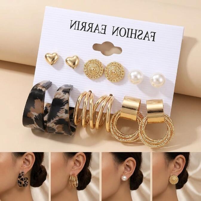 12Pcs Set Earrings Bohemian Style Women Leopard Print Fashion Wild Retro Geometric Circle Pearl Love Stud Gold Exaggerated Earrings Stud Earrings For Everyday Wear Or Gifts For Shopping And Mtching