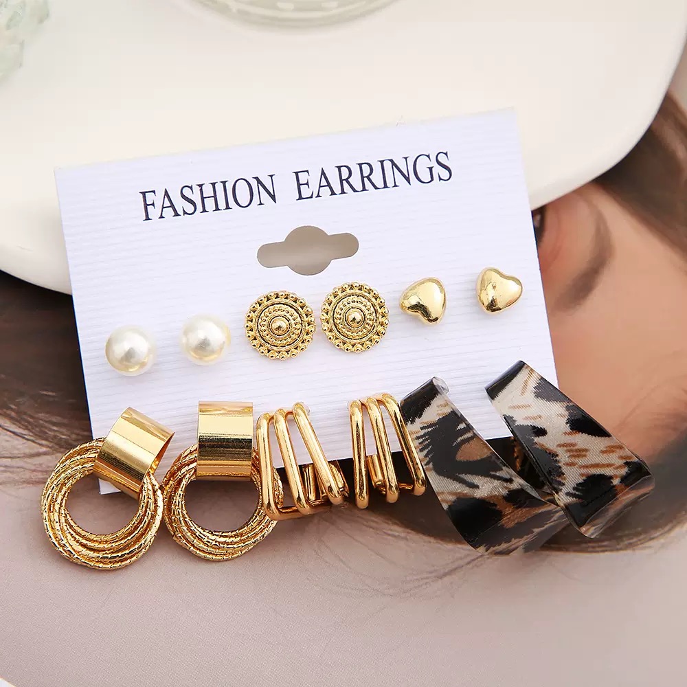 12Pcs Set Earrings Bohemian Style Women Leopard Print Fashion Wild Retro Geometric Circle Pearl Love Stud Gold Exaggerated Earrings Stud Earrings For Everyday Wear Or Gifts For Shopping And Mtching