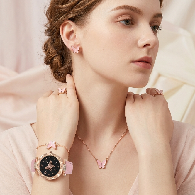 6 In 1 Women's Watch Jewelry Set Earrings Rings Necklace Bracelet Set  Ladies' Butterfly Jewelry Set Women's Wristwatch Leather Strap Quartz Watch Ladies' Butterfly Watch Set For Daily Wear Parties
