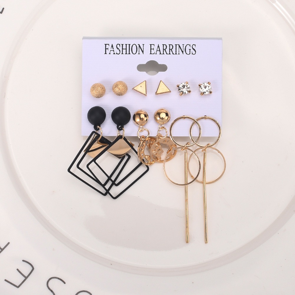 12 PCS Earrings Set Geometric Black Gold Diamond Globe Pendant Long Hoop Fashion Earrings For Daily Wear & Matching