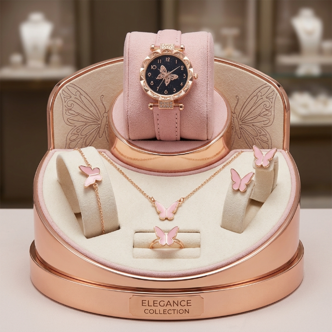 6 In 1 Women's Watch Jewelry Set Earrings Rings Necklace Bracelet Set  Ladies' Butterfly Jewelry Set Women's Wristwatch Leather Strap Quartz Watch Ladies' Butterfly Watch Set For Daily Wear Parties