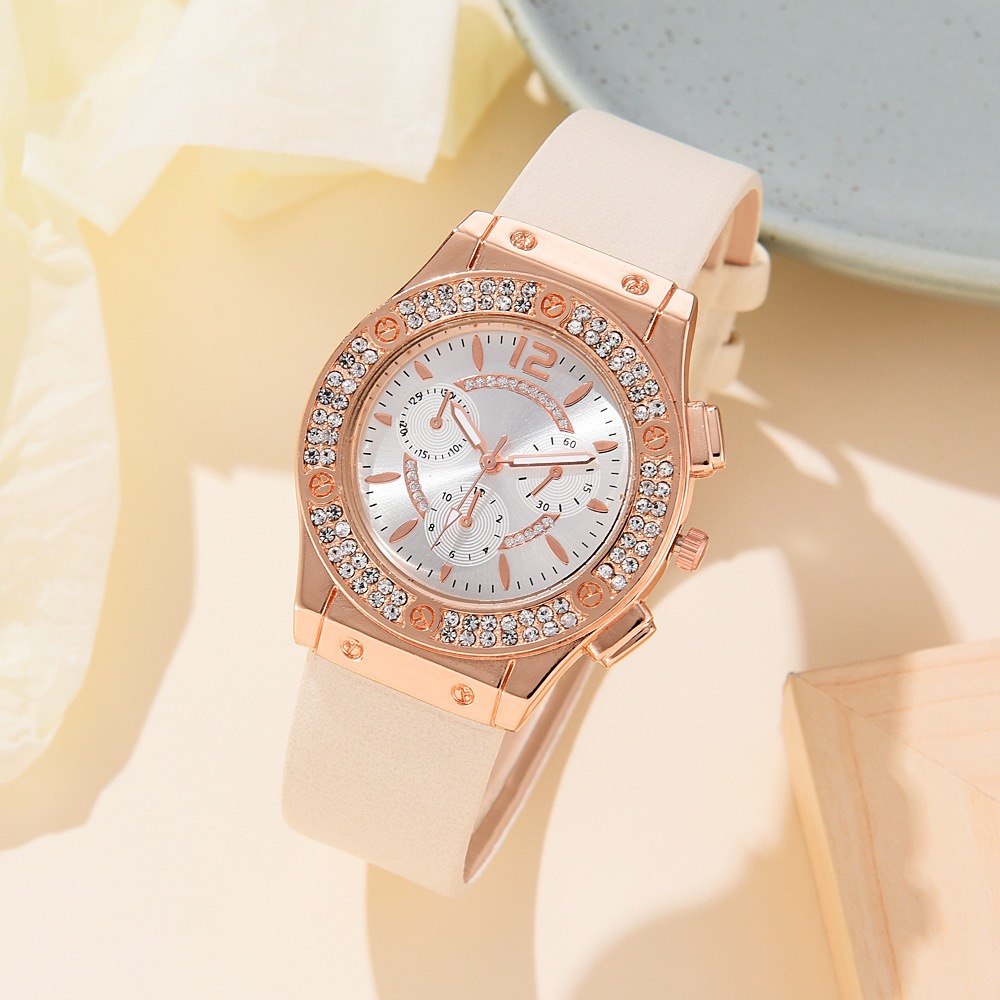 2Pcs Set Watch Bracelet Watch Bohemian Style Fashion Women Rose Gold Pink Diamond Rose Flower Exaggerated Jewelry Set For Shopping And Mtching Everyday Wear Or Gifts