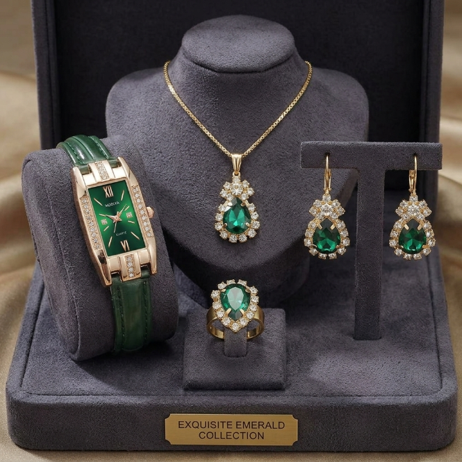 5 In 1 Women's Watch Jewelry Set  Emerald Green Watch Earrings Necklace Ring Jewelry Set Rectangle Quartz Wristwatch Leather Strap   Ladies'  Business Watch Gift Set For Daily Wear Parties