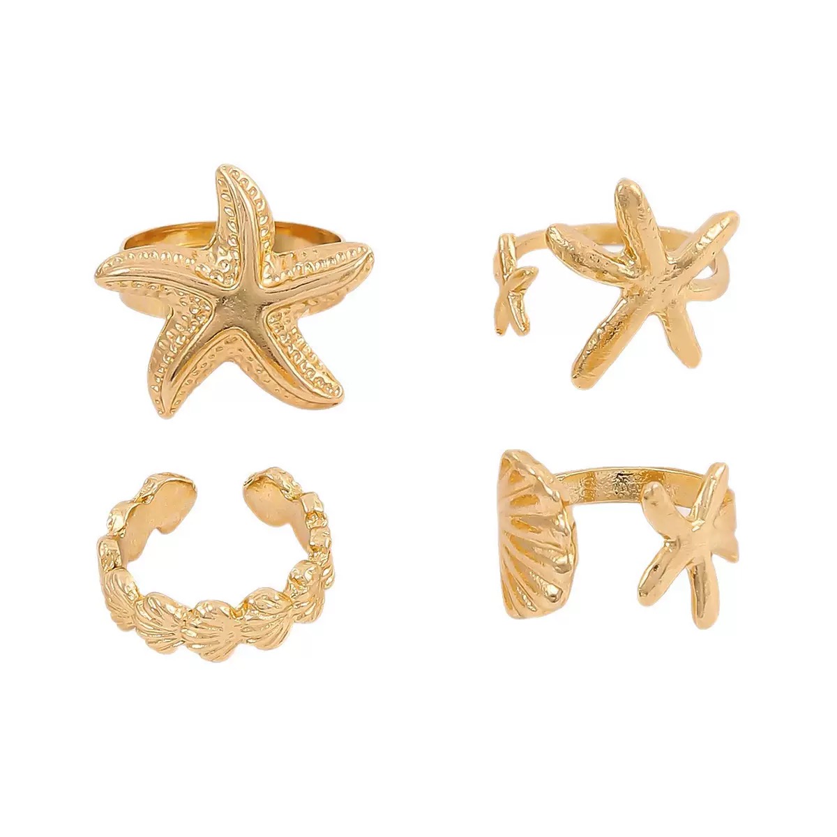 4PCS Women's Rings Set Starfish Shell Leaf Ring Ocean Style Fashion Women Gold Stackable Exaggerated Jewelry Set For Daily Use Party Nightclub Beach Trip Summer Vacation Birthday Gift For Her