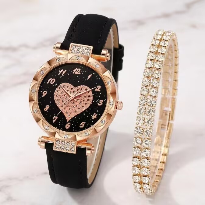 2 In 1 Women's Watch And Full Diamond Bracelet Set Sparkling Crystal Quartz Wristwatch With Pink Leather Strap And Matching Tennis Bracelet Fashion Elegant Ladies Accessories Gift Set