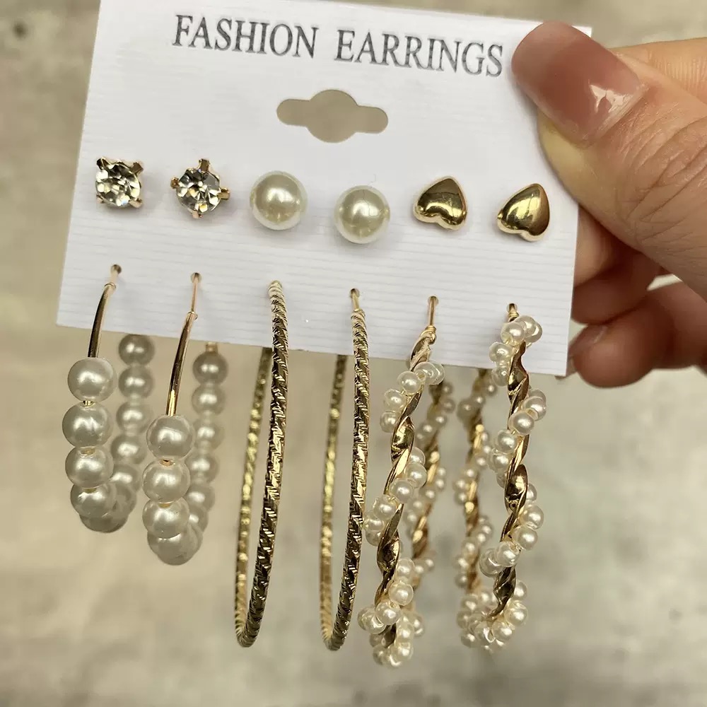 12PCS Earrings Women's Oversized Earrings Pearl Diamond Love Stud Earrings 6 Sets Gold Exaggerated Earrings Stud Earrings For Shopping And Mtching Everyday Wear Or Gifts