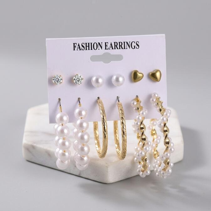 12PCS Earrings Women's Oversized Earrings Pearl Diamond Love Stud Earrings 6 Sets Gold Exaggerated Earrings Stud Earrings For Shopping And Mtching Everyday Wear Or Gifts