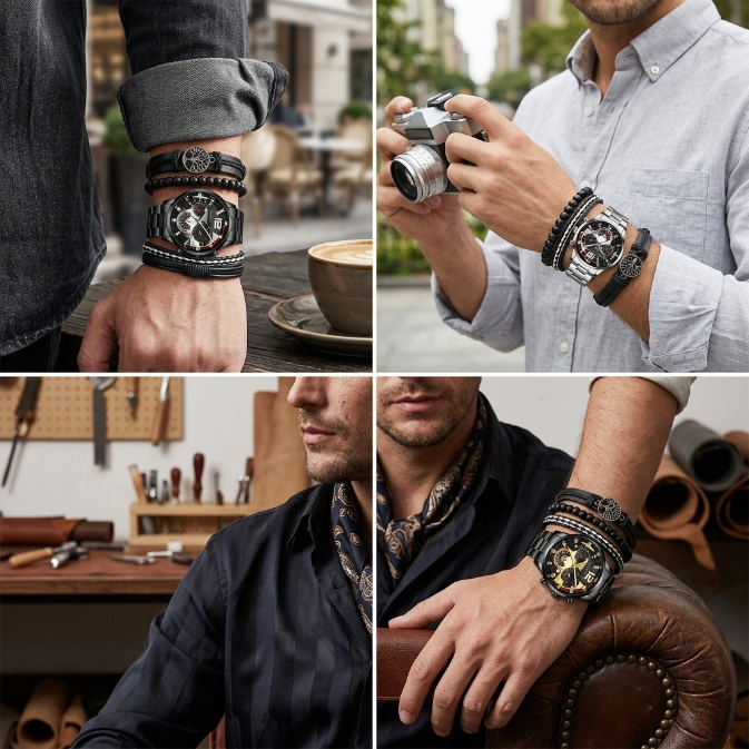 5 In 1 Men's Watch Bracelets Set Men's Geneva Calendar Business Quartz Steel Strip Watch AndWith Life Tree Leather Beaded Braided Bracelets Fashion Casual Accessories Gift Set For Men