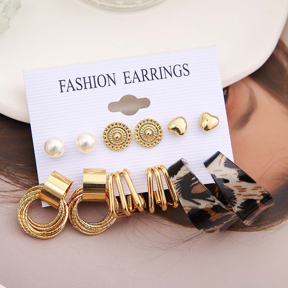 12Pcs Set Earrings Bohemian Style Women Leopard Print Fashion Wild Retro Geometric Circle Pearl Love Stud Gold Exaggerated Earrings Stud Earrings For Everyday Wear Or Gifts For Shopping And Mtching