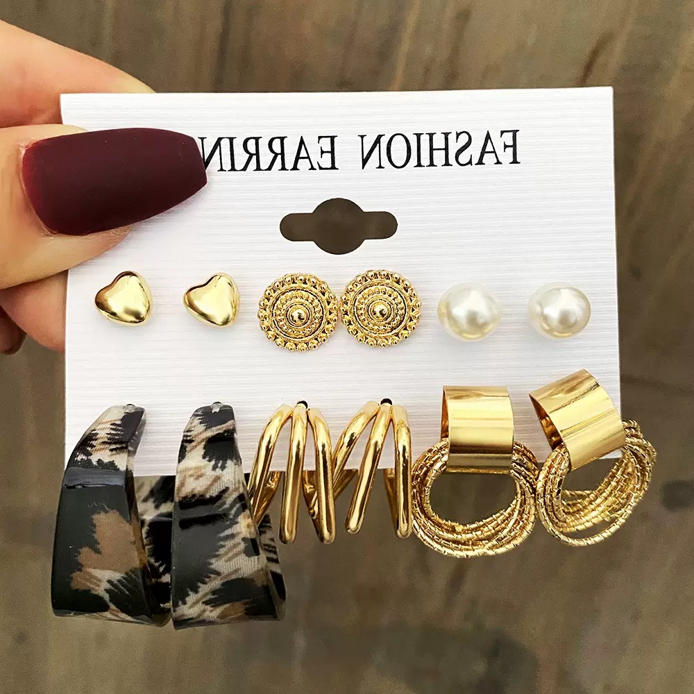 12Pcs Set Earrings Bohemian Style Women Leopard Print Fashion Wild Retro Geometric Circle Pearl Love Stud Gold Exaggerated Earrings Stud Earrings For Everyday Wear Or Gifts For Shopping And Mtching